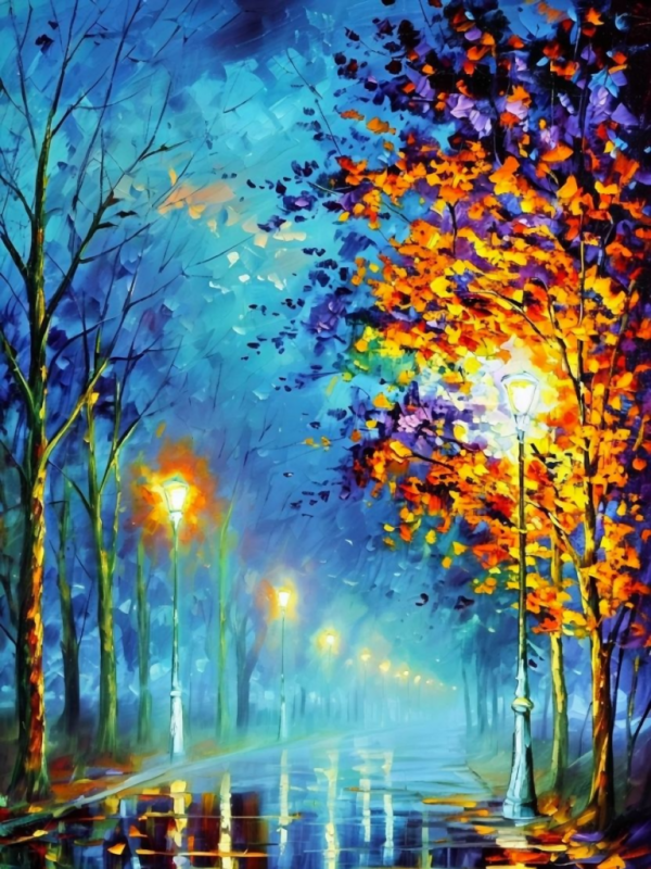 Vibrant Nocturnal Landscape with Autumn Trees and Reflective Pathway Online